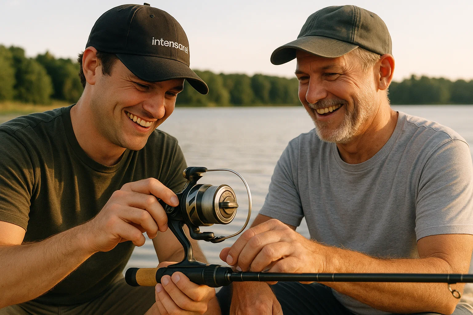 Two IntensaReel team members by the lake checking a reel