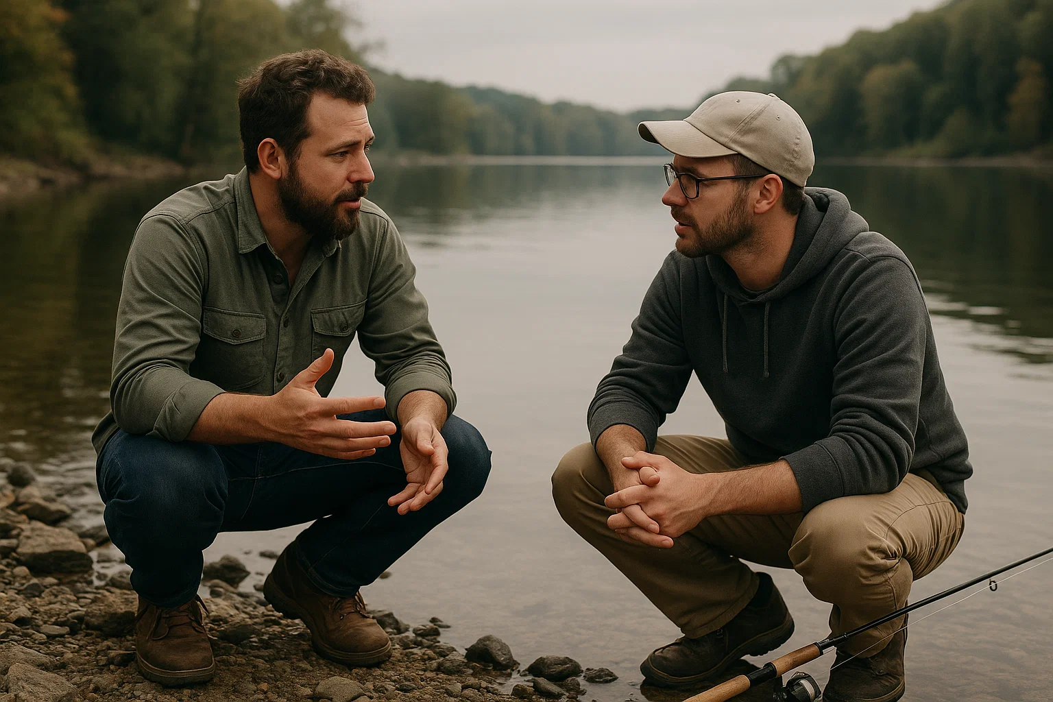 Founders discussing by the water, planning the first IntensaReel idea