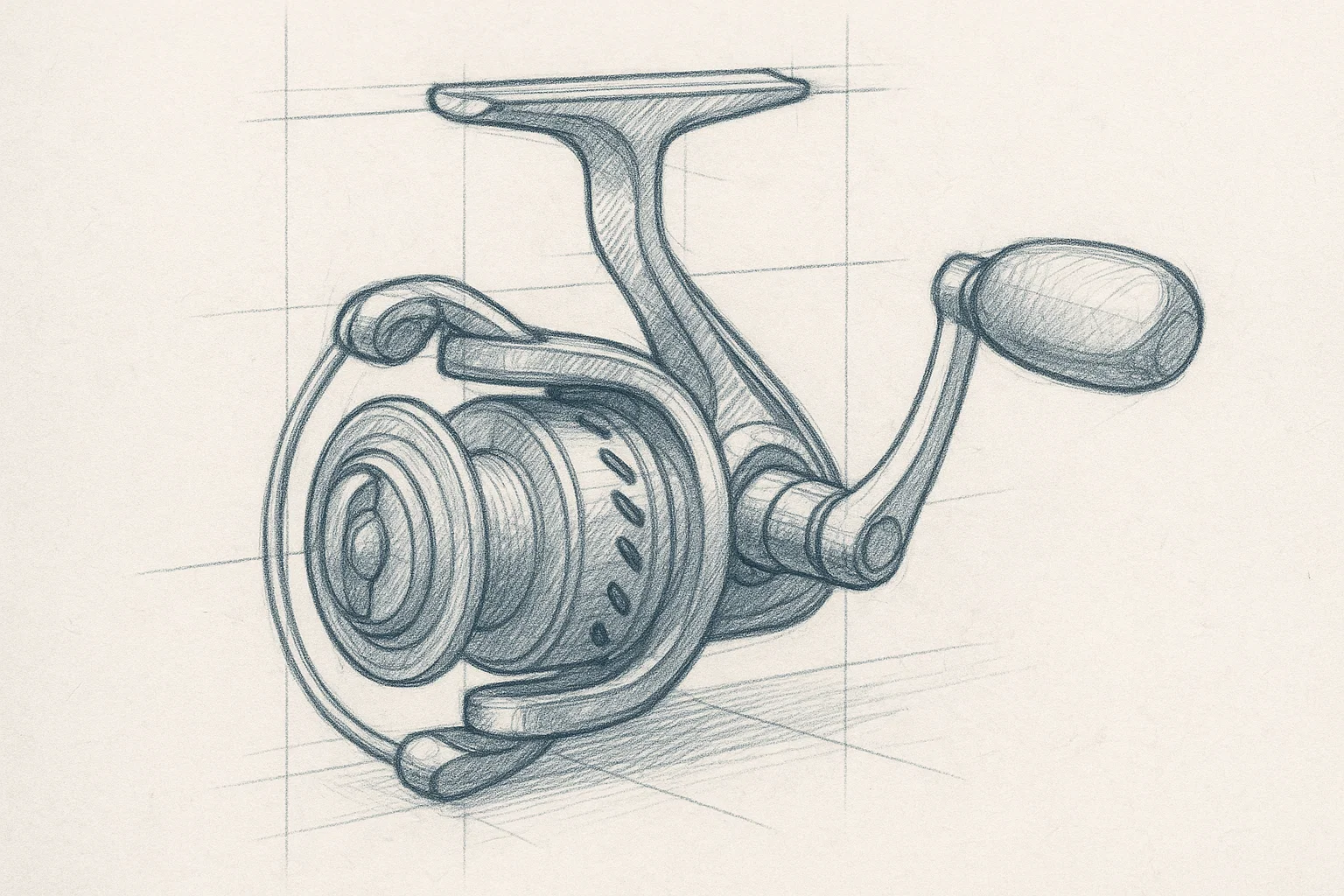 Early reel sketches and precision component close-ups on a workbench