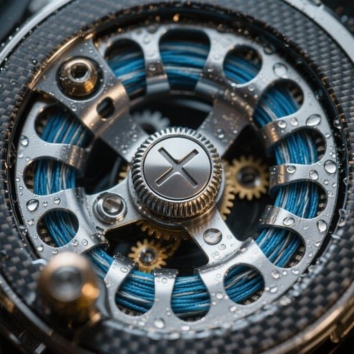 Precision-machined reel gears, bearings, and crank seat — macro view