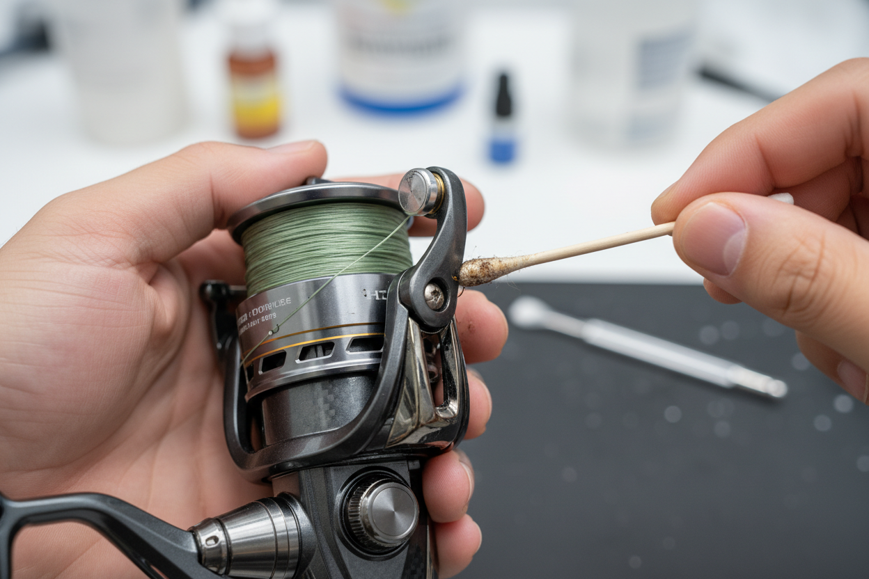 A person's hands carefully cleaning the line roller of a spinning reel with a cotton swab.