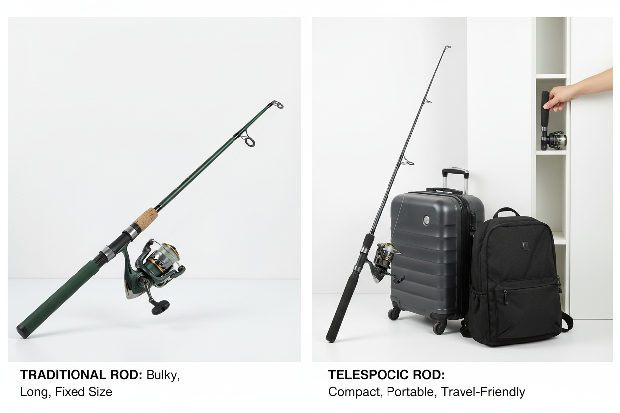 A comparison showing the inconvenience of a one-piece rod versus the easy portability of a telescopic fishing rod.