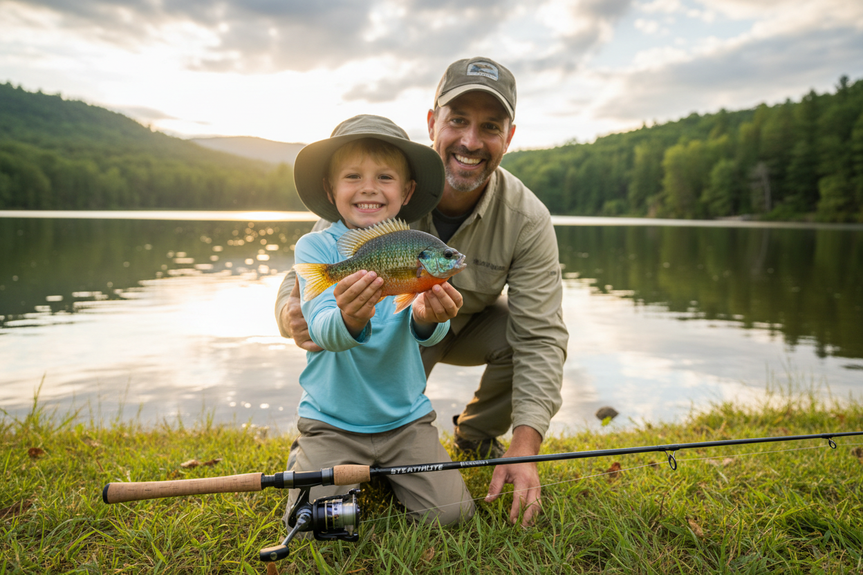 A father and son enjoying catching bluegill with an ultra-light fishing rod.