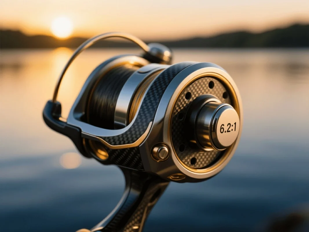Close up of a spinning reel showing gear ratio numbers for speed comparison.
