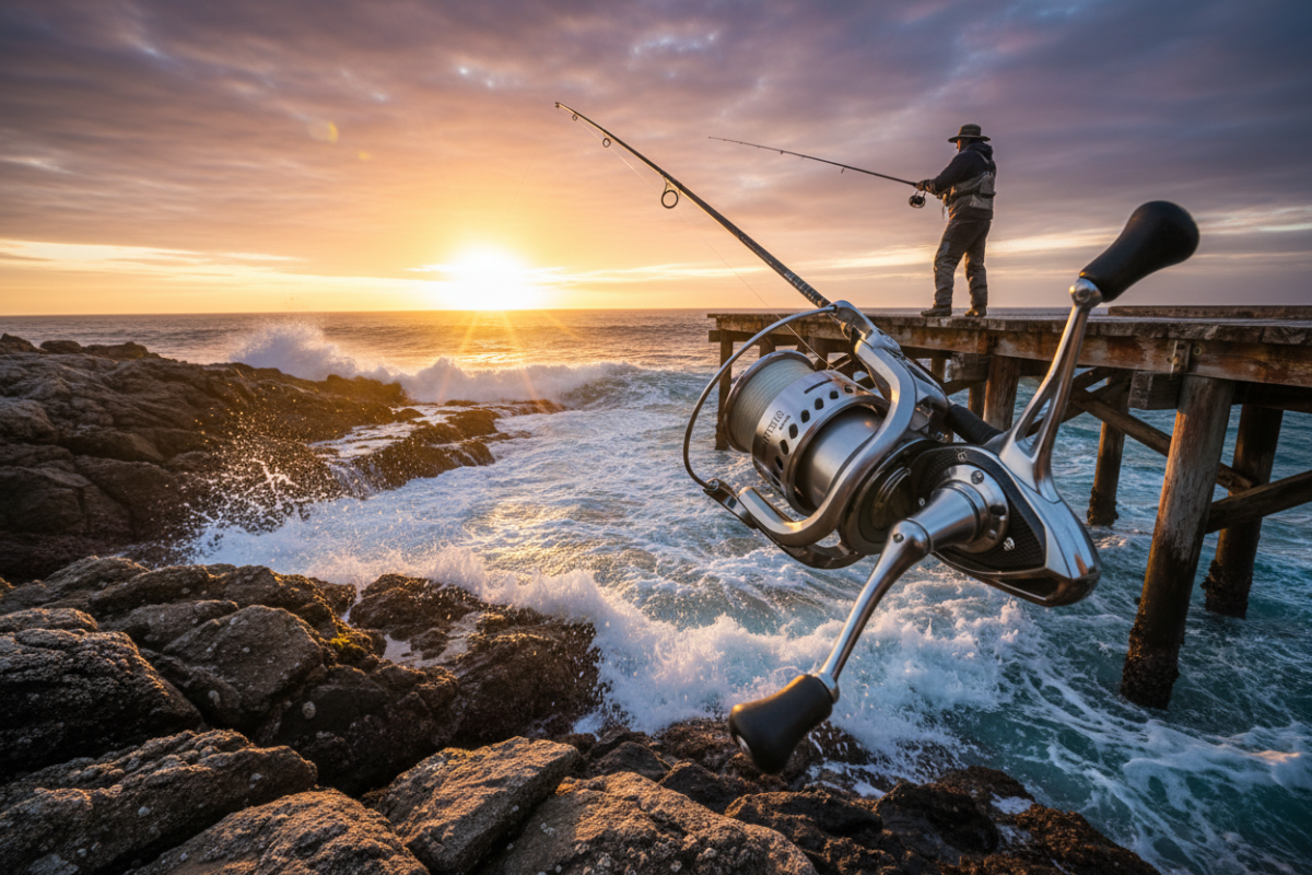 Beginner angler using a large saltwater spinning reel on a coastal pier.