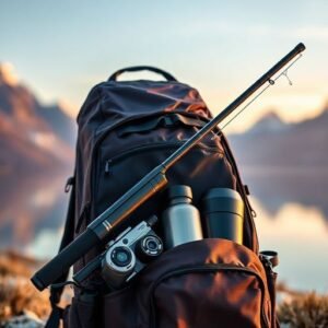 A collapsed carbon fiber telescopic travel fishing rod inside a backpack by a mountain lake.
