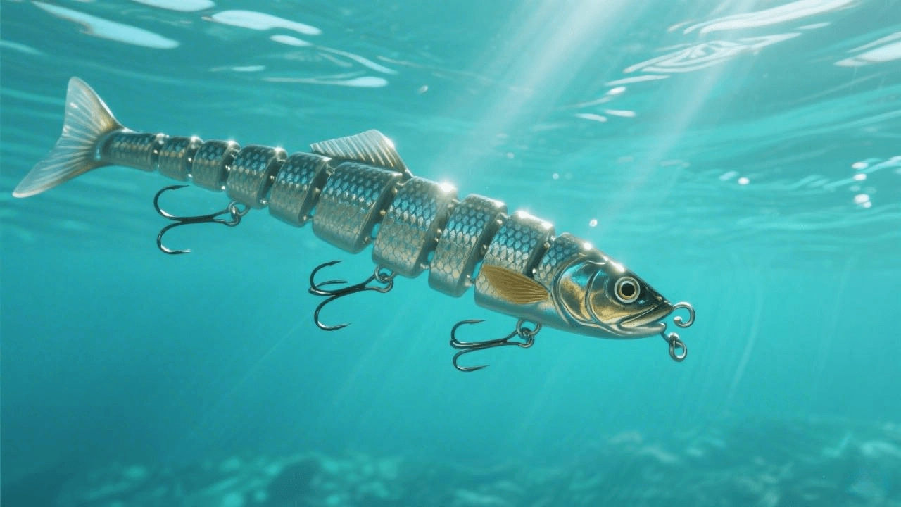 A multi-section hard swimbait lure with realistic scales swimming in clear water.