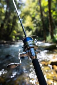 A balanced ultralight spinning reel and carbon fiber rod setup by a stream.