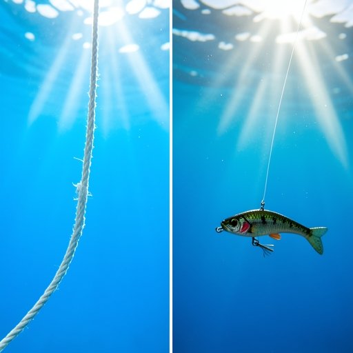 Underwater comparison showing a standard fishing line vs an invisible fluorocarbon leader.