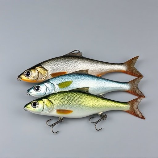 A three-pack of HENG JIA multi-section jointed swimbait lures.
