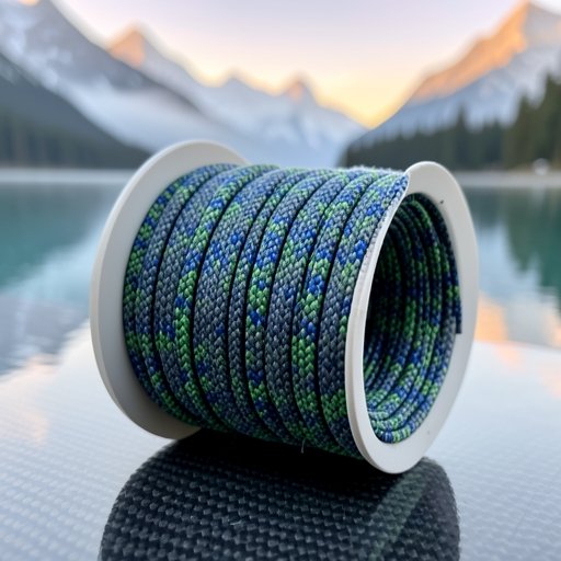 Close-up of JOSBY 8-strand speckled camouflage braided fishing line on a spool.