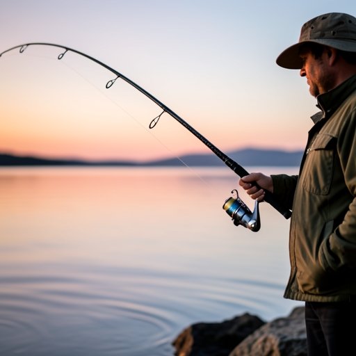 A fisherman demonstrating the perfect overhead cast with a spinning reel and carbon fiber rod.