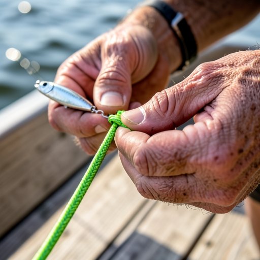 A beginner angler tying a Palomar knot with braided fishing line and a lure.